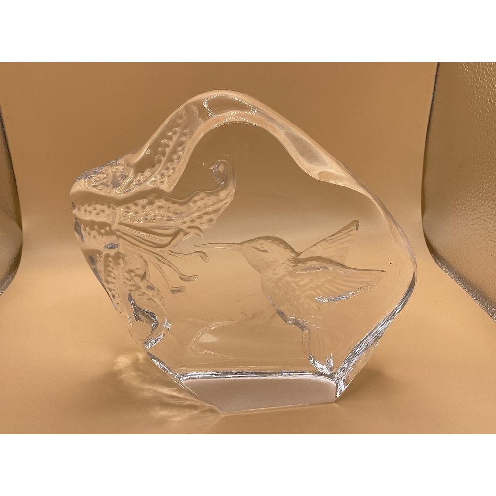 Vintage Etched Glass Hummingbird Flowers Glass Art Paperweight 6" x 5" Whimsical